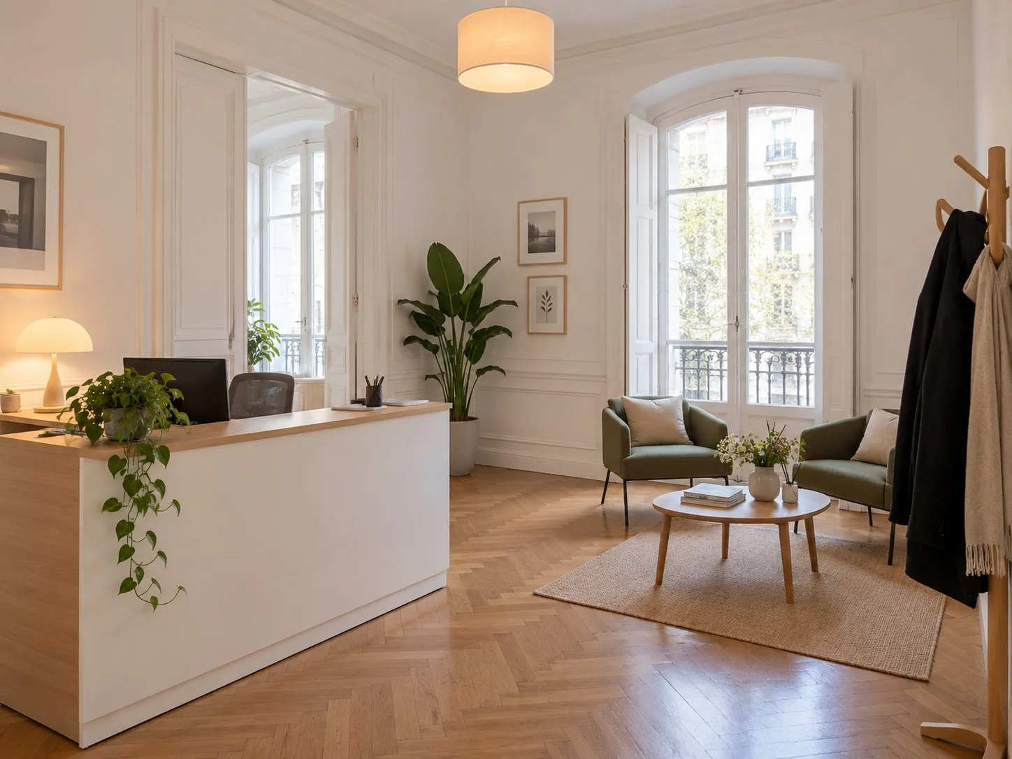 Accueil du cabinet Bayar Consulting : banque d’accueil, deux fauteuils verts autour d’une table basse et hautes fenêtres à balcon
