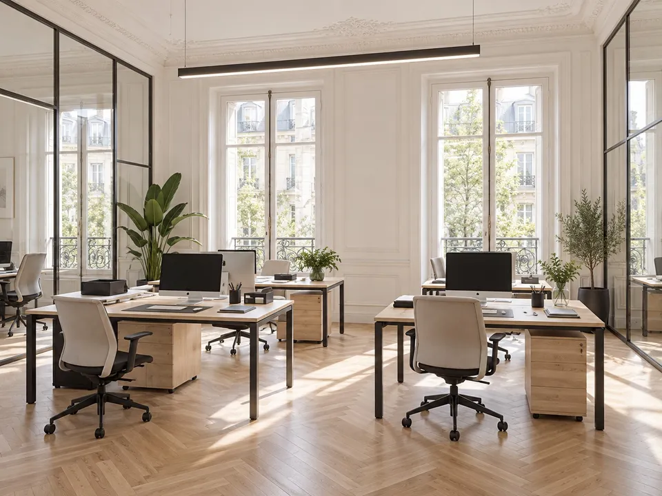 Bureau des collaborateurs du cabinet Bayar Consulting : postes de travail équipés d’écrans, cloisons vitrées et hautes fenêtres