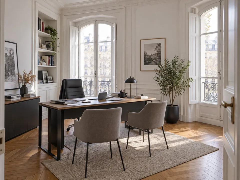 Bureau de l’expert-comptable au cabinet Bayar Consulting : table de travail face à deux fauteuils, bibliothèque et hautes fenêtres à balcon