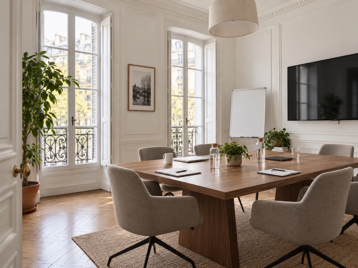 Salle de réunion du cabinet Bayar Consulting : table en bois entourée de fauteuils, carnets et carafes d’eau, écran mural et tableau blanc